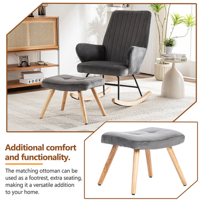 Gris Fauteuil À Bascule, Chaise de Lecture avec Velours, Rocking Chair Hauteur 97 cm, Largeur D'assise 45 cm avec Repose-Pieds (48*37*37 cm), Chaise a Bascule Approprié Coucher, Salon, Dortoir