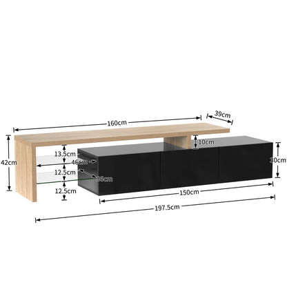 SHUGUANG Meuble TV 200 cm Longueur Meuble TV de Salon Moderne Élégance, Banc TV avec Étagères en Verre, Éclairage LED, Meuble TV Aspect Bois, Espace de Rangement Pratique, Brillant, 197,5x39x42cm