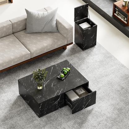 Table basse,Table d'appoint de canapé,Lot de 2 tables basses modernes noires,Table basse carrée avec tiroirs,Table basse motif marbre,Table basse modulable,Table basse 100x33,5x70cm et 32x32x50cm