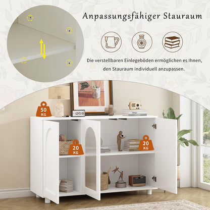 Sideboard mit 3 Türen, Küchenschrank Glastür, Kommode U-förmig Einfaches Design, Mehrzweckschrank Hohe Belastung, Verstellbare Regalhöhe, Sprungbrett-Design, 120 x 78.5 x 40 cm(B/H/T), Weiß