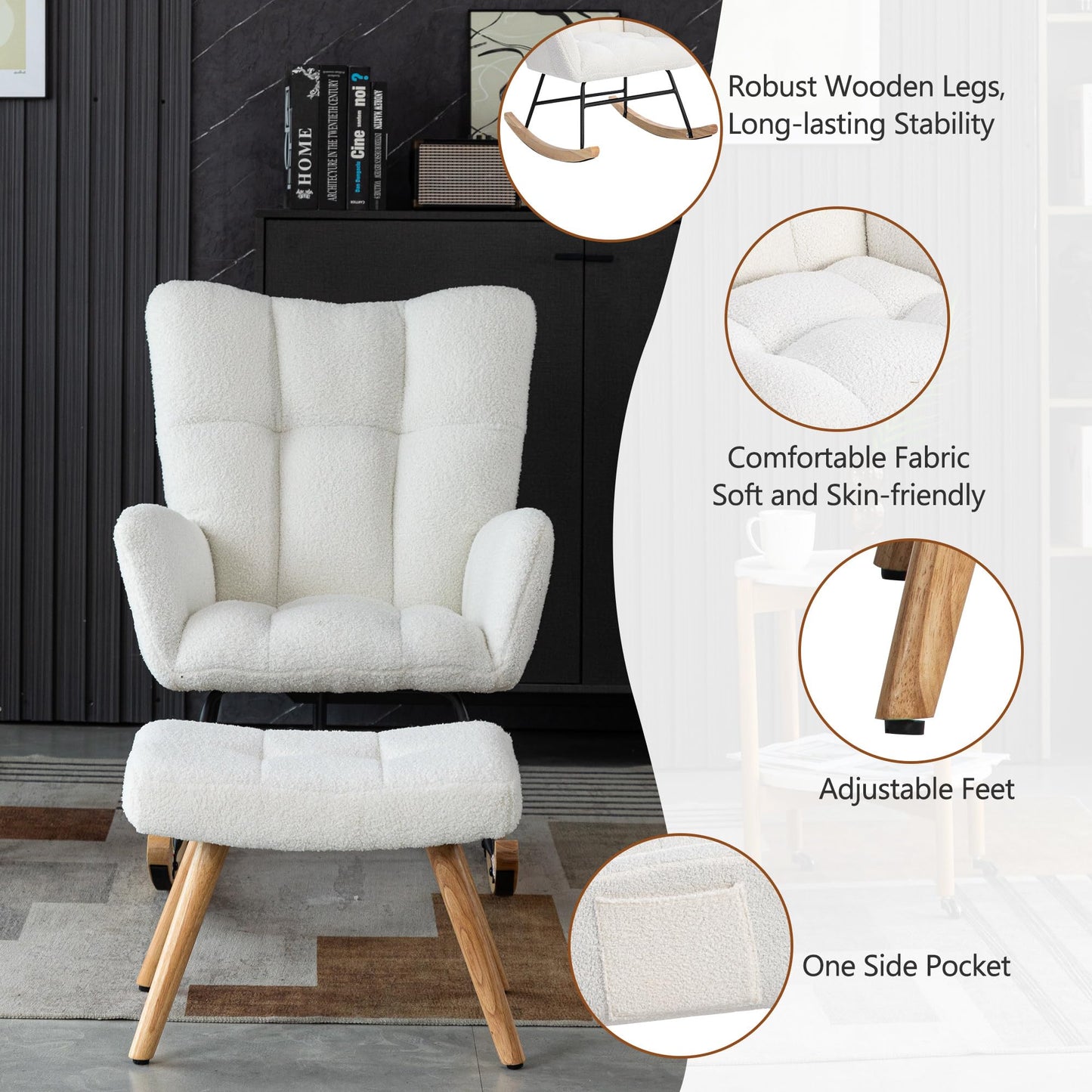 Blanc Fauteuil Chambre, Rocking Chair avec Artisanat en Tissu, Rocking Chair Hauteur 92cm, Largeur D'assise 65 cm avec Repose-Pieds (49*38*38 cm), Fauteuil Dascule Approprié Coucher, Salon