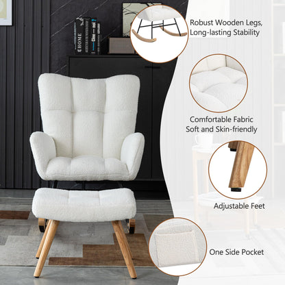 Blanc Fauteuil Chambre, Rocking Chair avec Artisanat en Tissu, Rocking Chair Hauteur 92cm, Largeur D'assise 65 cm avec Repose-Pieds (49*38*38 cm), Fauteuil Dascule Approprié Coucher, Salon