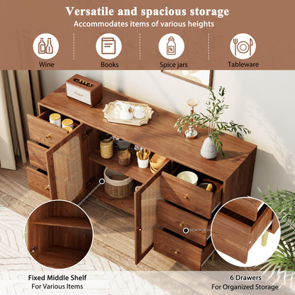 SHUGUANG Buffet Salon Marron, Meuble de Rangement Rétro Élégant en Rotin, Commode pour Chambre à Coucher, avec 3 Tiroirs et 2 Portes, Meuble en Bois Indépendant, Buffet de Cuisine, 160 x 40 x 90 cm