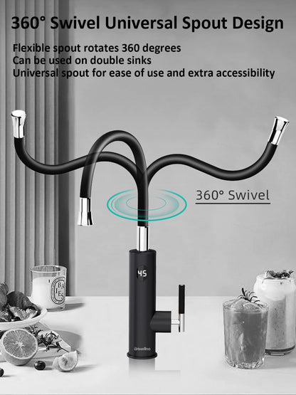 Robinet Électrique Сhauffe-Eau Instantané 3200W, Rotatif à 360° Robinet Evier de Cuisine en Acier Inoxydable avec Affichage de la Température LED et Flexible Bec, 230V Robinet Chauffant Instantané