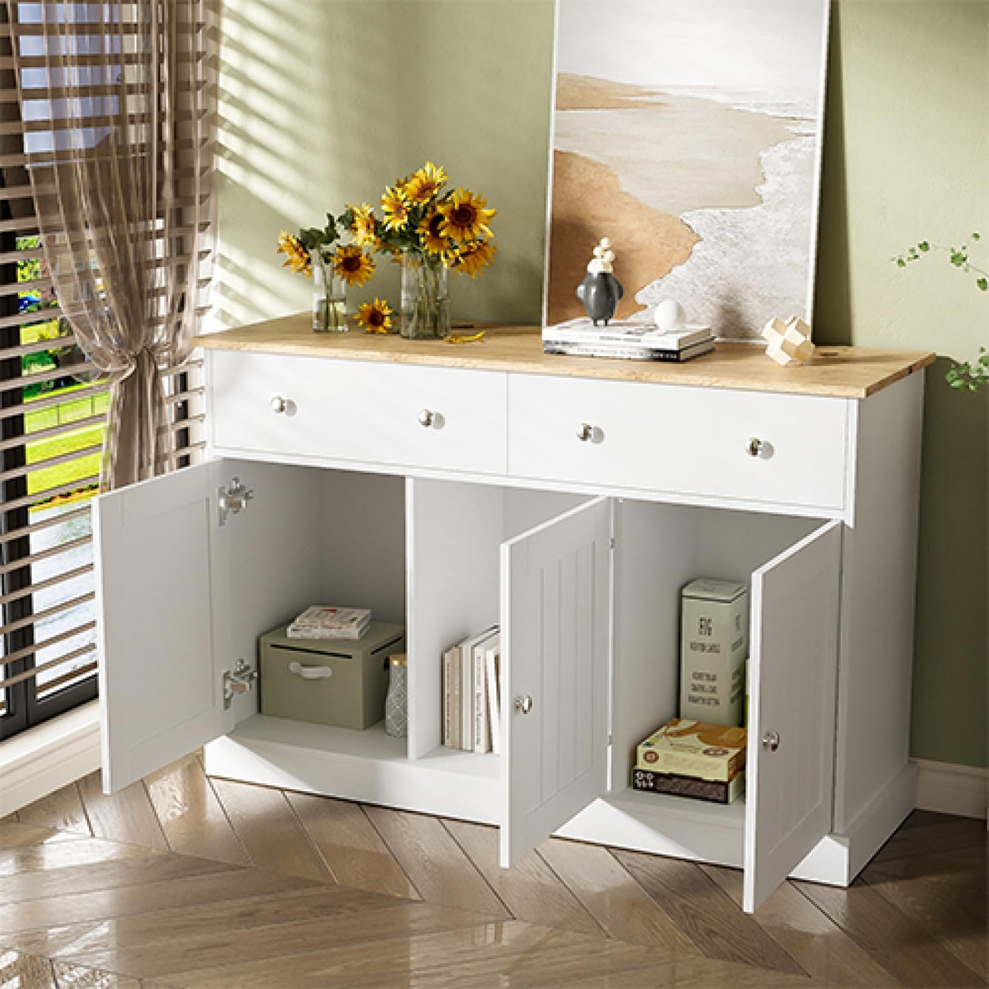 Buffet,buffet bahut salon blanc,Buffet avec 3 portes et 2 tiroirs, buffet avec poignées argentées et charnières amorties, meuble de rangement 120 x 36 x 80.5 cm,Convient couloir du balcon chambre