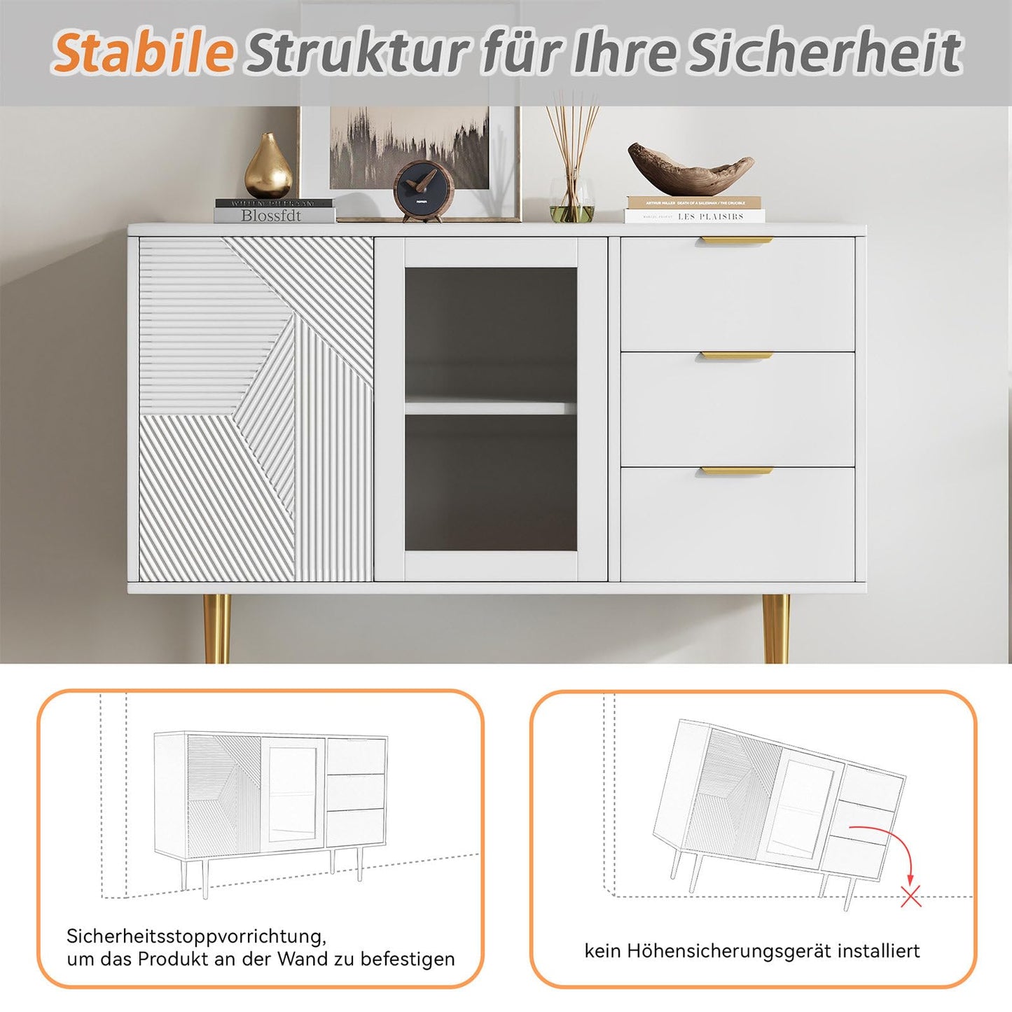 Meuble de Rangement, Buffet Cuisine 2 Portes 3 Tiroirs, Commode Conception sans Poignée, Armoire de Salon Anti-Basculement, Bibliothèque Portes en Verre et Pieds en Métal, 120 x 38 x 79.5cm