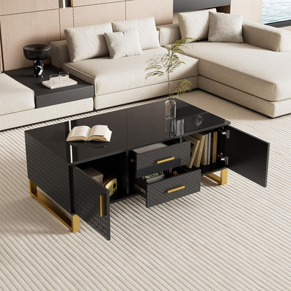 Table basse,Table basse salon,Table basse brillante,Table basse carrée avec tiroirs,équipée de deux portes,Poignées et pieds dorés,avec compartiment de rangement ouvert,Table basse 107x40,5x55 cm