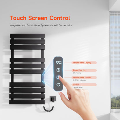 OihPaw Sèche Serviettes Électrique,1100x550mm Porte-Serviettes électrique Noir Droite WiFi Compatible avec App Alexa Google Assistant,446W seche Serviette Electrique,1-9H Minuterie Thermostat