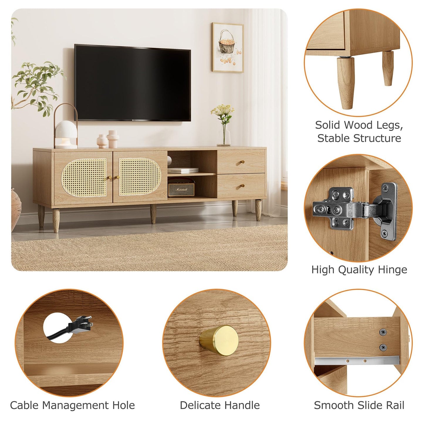 Billg Meuble TV 150cm, Armoire De Télévision 2 Portes Tressées en Rotin, Meuble Télé de Salon Pieds D'armoire Réglables, Table Télévision Convient pour Un Téléviseur de 60 Pouces, 3 Trous pour Câbles