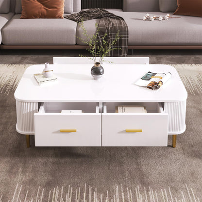 Peiaw Table Basse,Table Basse Salon,Quatre tiroirs spacieux,Table Basse carrée avec tiroirs,Coins incurvés,Poignées et Pieds dorés,avec Grand Espace de Rangement,Table Basse 105 x 51 x 38 cm