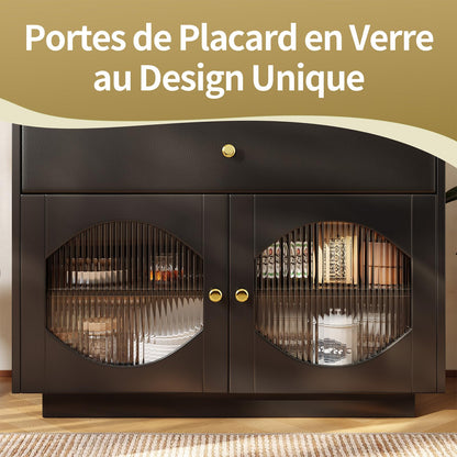Sideboard Mit Glastür, Küchenschrank Mit Schublade aus PU-Leder, Kommode Modern, Mehrzweckschrank für Wohnzimmer, Esszimmer, Hohe Tragfähigkeit, 100 x 90.5 x 40 cm (B/H/T)