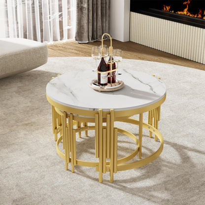 Peiaw Table Basse,Table de Salon,Table Basse Ronde,Lot de 2 Tables Basses de Salon Gigognes,Aspect marbre Blanc et Structure en Acier doré,Table de Salon 71,5 x 71,5 x 44 & 51,5 x 51,5 x 37 cm