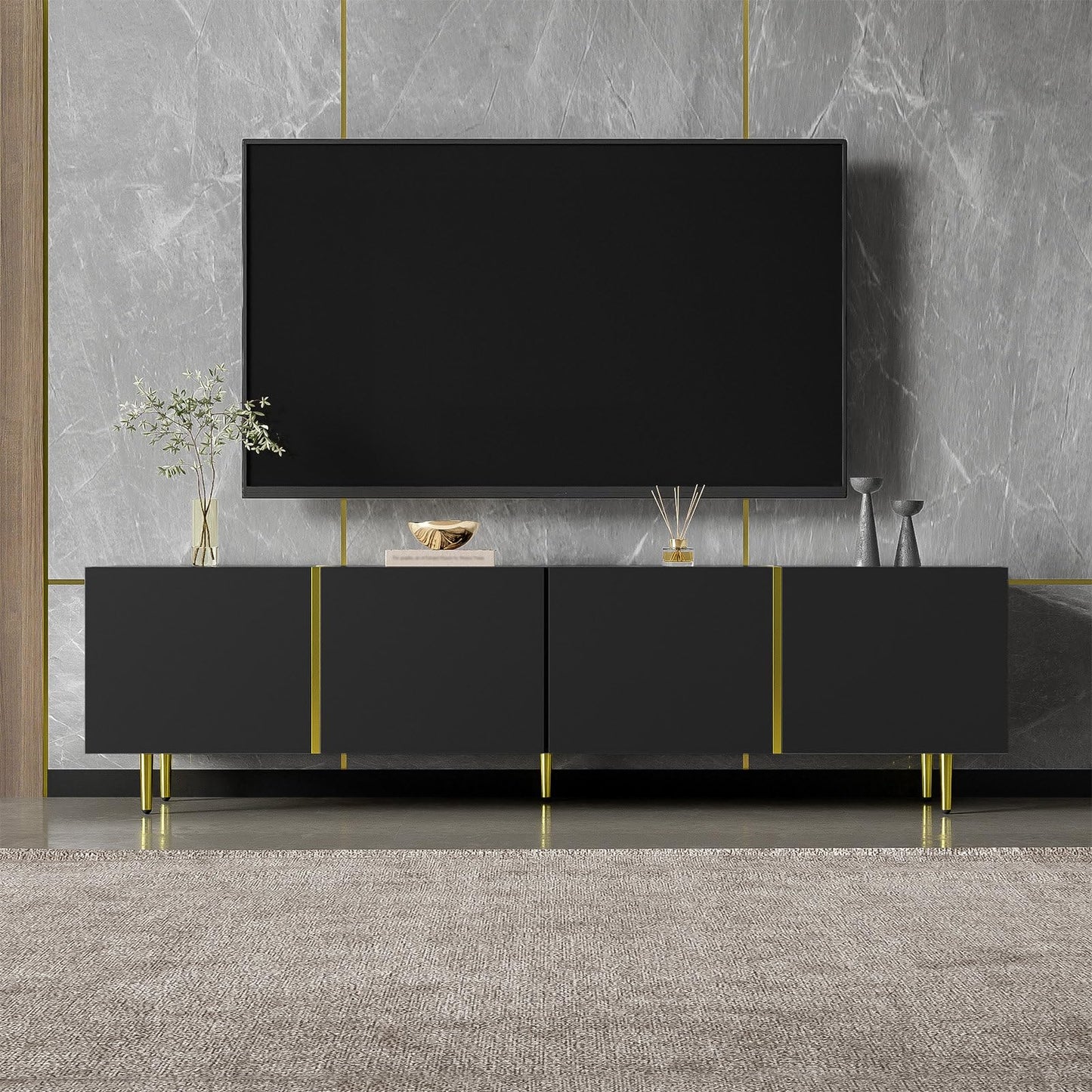 Meuble TV 170cm, Meuble Télé de Salon Quatre Portes Haute Brillance, Armoire De Télévision avec 2 Ports de Gestion des Câbles, Table Télévision Peut Accueillir Un Téléviseur de 70 Pouces, 170x35x46cm