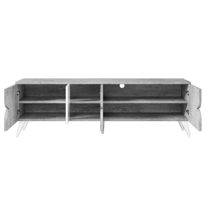 Meuble TV, Gris Ciment avec Meuble TV Blanc, Meuble TV à Compartiment Ouvert, Banc TV jusqu'à 50-59 Pouces, Meuble TV avec Portes d'armoire à Trois pétales, Taille du Meuble TV du Salon 160X40X51cm