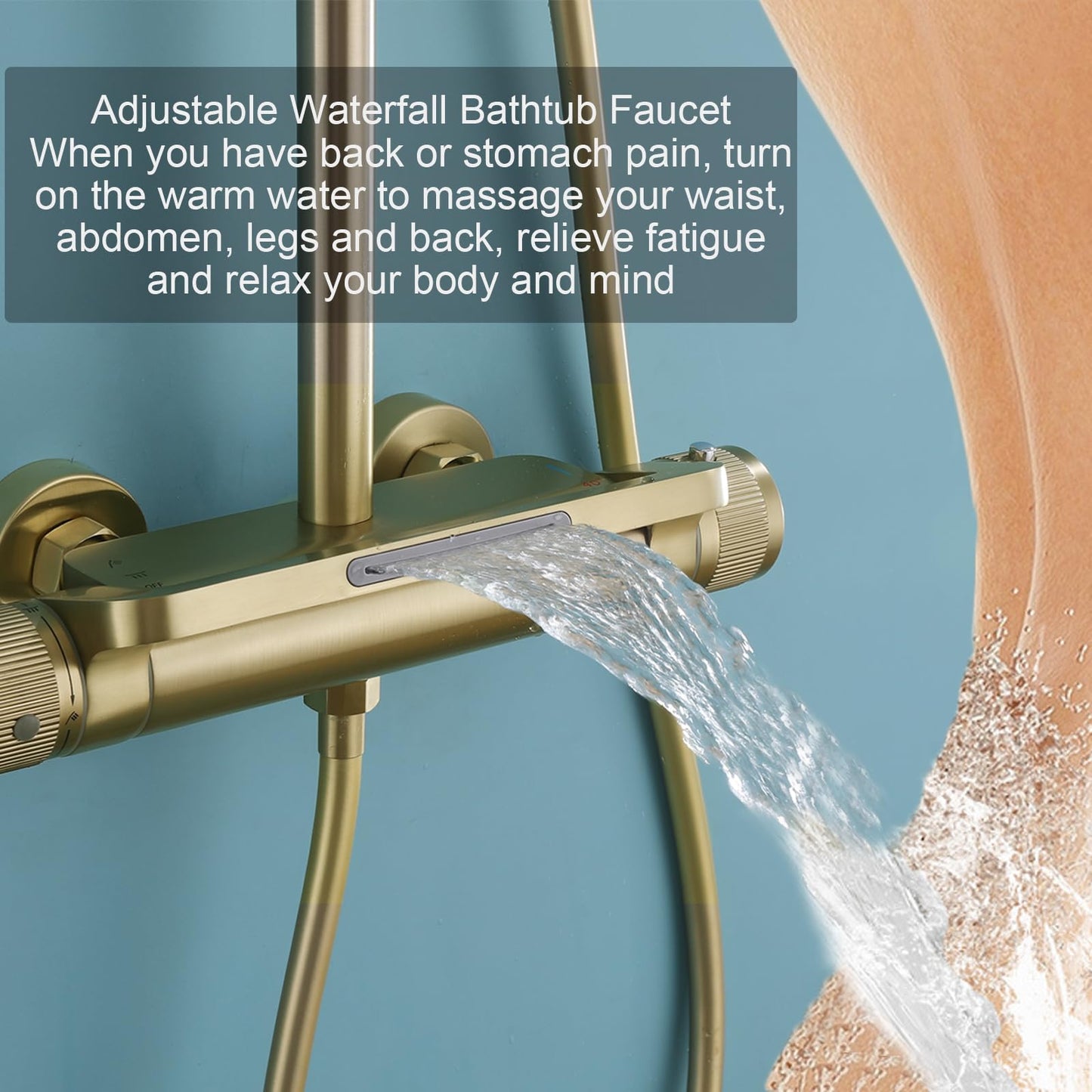 Colonne de Douche Thermostatique Dorée Ensemble Douche Mural Système de Douche 3 Fonctions Kit de Douche avec 33 * 22cm Douche de Tête, 3 Modes Pommeau de Douche, Mitigeur de Douche Cascade