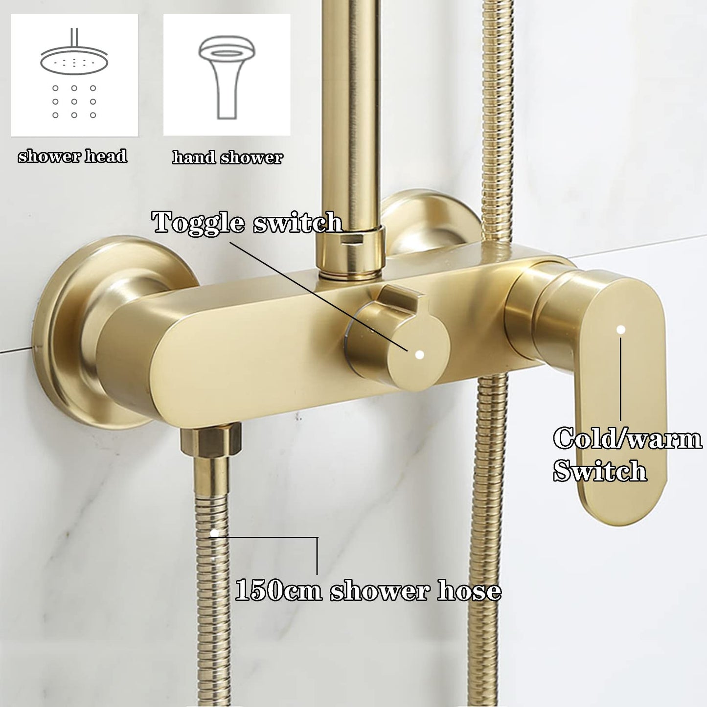 Colonne De Douche Or, ESOP Systeme De Douche Pour Baignoire, Hauteur Réglable Ensemble De Douche, Mitigeur Douche Avec 20cm ABS Pomme Douche De Tête Et Douchette, Corps En Laiton