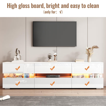 Meuble TV Blanc Brillant 160 cm Banc TV Moderne avec Éclairage LED, 2 Portes, 1 Tiroir, Compartiment Ouvert, pour Téléviseur 70 Pouces, Insert en Verre Acrylique et Ouverture à Pression, Meuble Salon