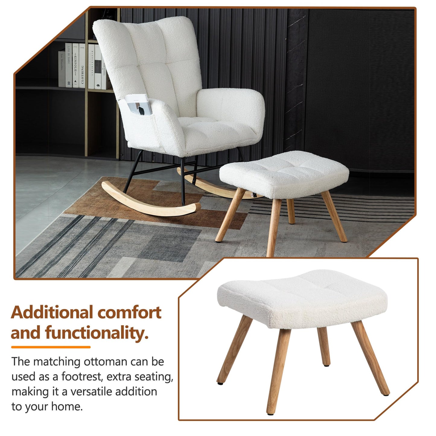 Blanc Fauteuil Chambre, Rocking Chair avec Artisanat en Tissu, Rocking Chair Hauteur 92cm, Largeur D'assise 65 cm avec Repose-Pieds (49*38*38 cm), Fauteuil Dascule Approprié Coucher, Salon