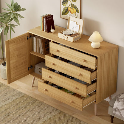 Buffet,meuble de rangement cuisine,Buffet en bois, meuble de rangement multifonctionnel,buffet bas,Commode avec 4 tiroirs et 1 porte en rotin, buffet avec grand espace de rangement 120 x 40 x 83 cm