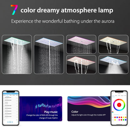 OihPaw Système de Douche Thermostatique Musical,LED 64 Couleurs Bluetooth Colonne Douche Encastré Ensemble de Douche avec 600 * 300mm 9 Fonctions Tête de Douche,Douchette,Chrome