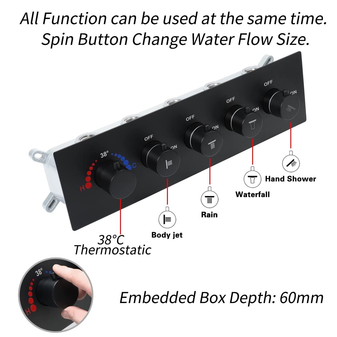 Colonne de Douche Thermostatique Système de Douche Encastrable, Musique 64 Couleurs LED Ensemble de Douche avec 6pcs 50 mm Buse de Massage, Noir Colonne Douche avec 580 * 380 mm Tête de Douche