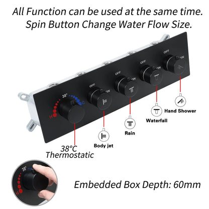 Colonne de Douche Thermostatique Système de Douche Encastrable, Musique 64 Couleurs LED Ensemble de Douche avec 6pcs 50 mm Buse de Massage, Noir Colonne Douche avec 580 * 380 mm Tête de Douche