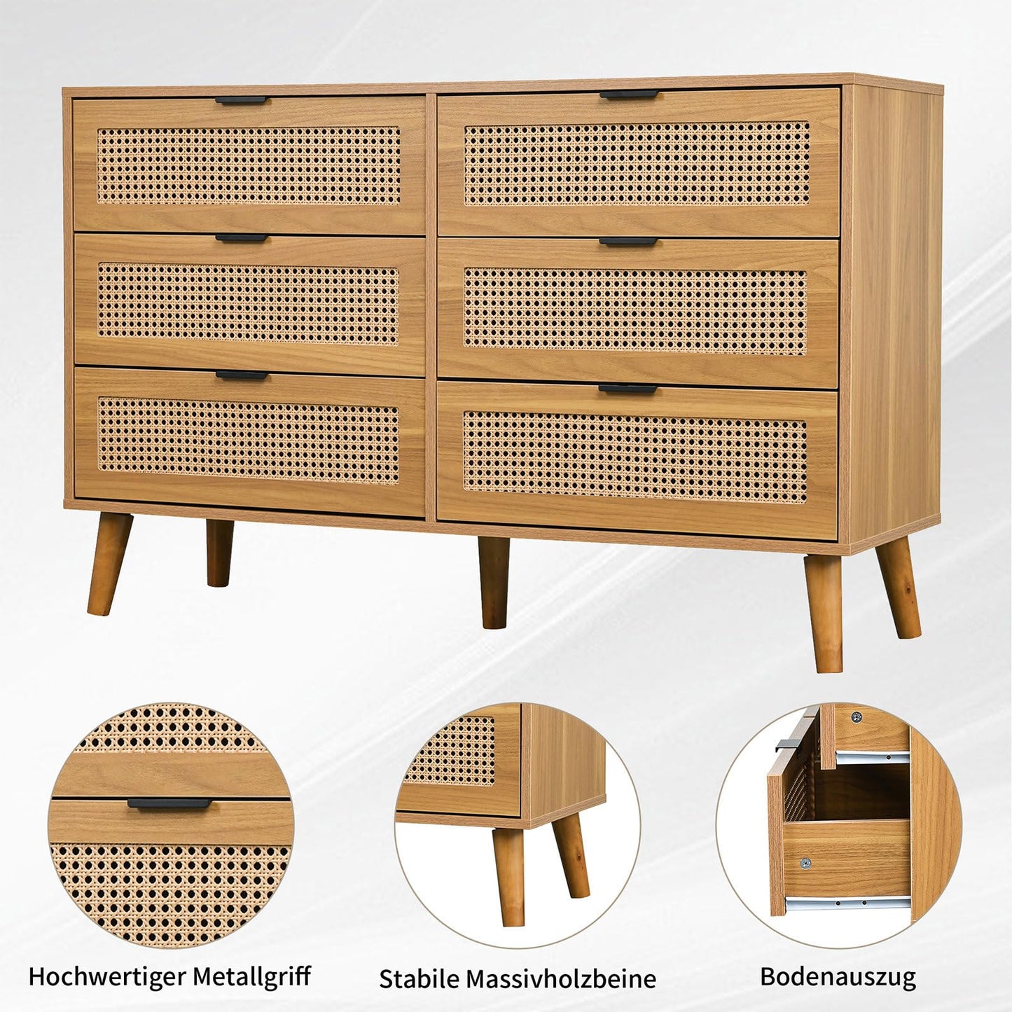 Kommode Mit 6 Schubladen, Sideboard Perforierte Rattantür, Mehrzweckschrank für Wohnzimmer, Esszimmer, Schubladenschrank Hohe Tragfähigkeit, Schrankbeine aus Massivholz, Metallgriff, 120 x 40 x 76.5cm