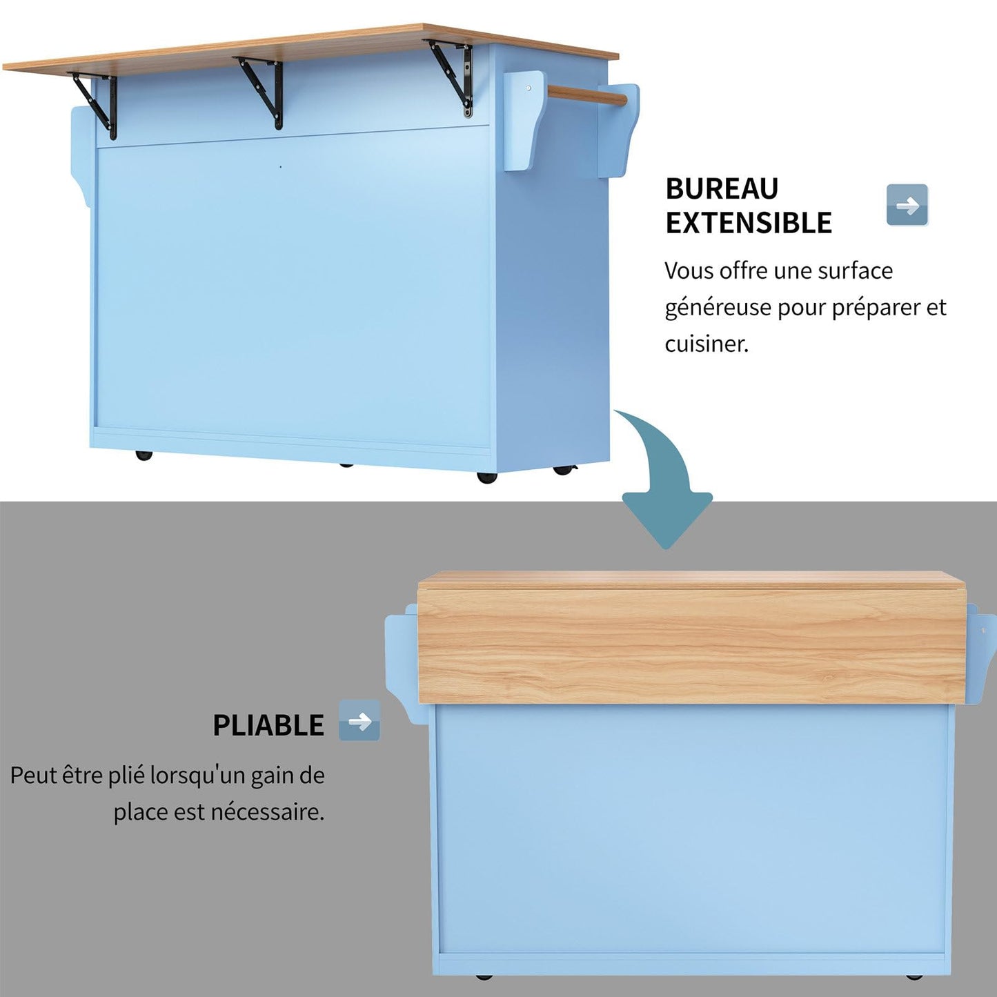 SHUGUANG Desserte de Cuisine, Meuble Cuisine Desserte, 120x46(70) x91 cm Ilot Cuisine avec Bureau Pliant, Rangement Cuisine avec roulettes et Pieds Interchangeables, pour Cuisine/Salle Manger