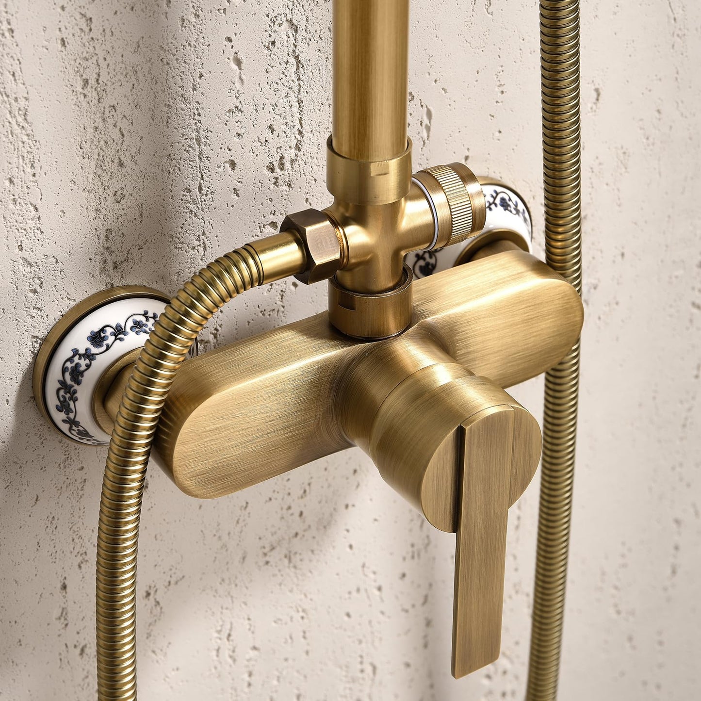 Colonne de Douche Rétro avec Mitigeur, Système de Douche Laiton Antique Ensemble de Douche Montage Mural Set de Douche avec Rotatif 20 cm Tête de Douche, Douchette à Mains