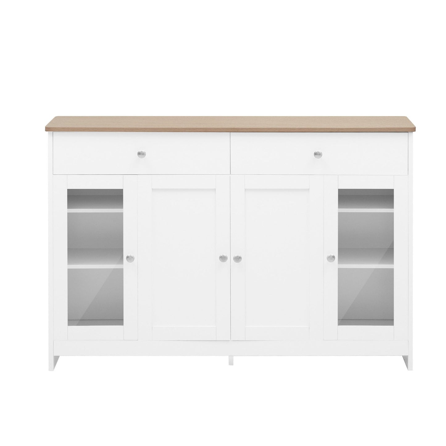 SHUGUANG 120 x 37 x 80 cm Bahut de Salle a Manger Blanc, Buffet Moderne avec 2 Tiroirs et 2 Portes D'armoire et 2 Porte D'armoire Vitrée, Armoire de Salon pour Cuisine, Salon, Salle à Manger