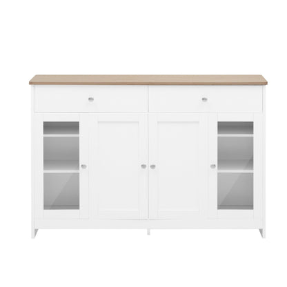 SHUGUANG 120 x 37 x 80 cm Bahut de Salle a Manger Blanc, Buffet Moderne avec 2 Tiroirs et 2 Portes D'armoire et 2 Porte D'armoire Vitrée, Armoire de Salon pour Cuisine, Salon, Salle à Manger