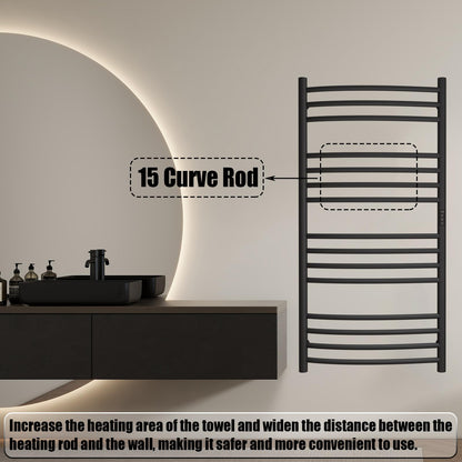Sèche-Serviette Électrique Noir,185 W Chauffe-Serviettes 1100×600 mm WiFi Intelligent Porte-Serviettes Chauffant Électrique 15 Barres Courbes Commande Tactile à LED