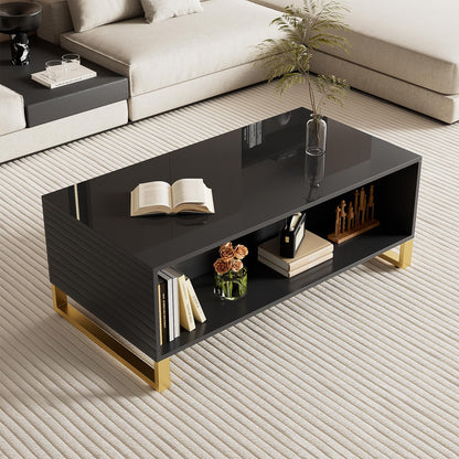 Table basse,Table basse salon,Table basse brillante,Table basse carrée avec tiroirs,équipée de deux portes,Poignées et pieds dorés,avec compartiment de rangement ouvert,Table basse 107x40,5x55 cm