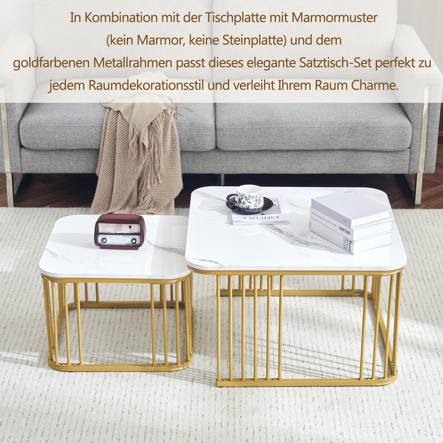 Lot de 2 Tables Basses Gigognes Carré, Tables Basse Empilable Aspect Marbre, Table Basse Salon Chambre avec Cadre en Métal, Polyvalent Tables Bassee pour Bureau, Appartement