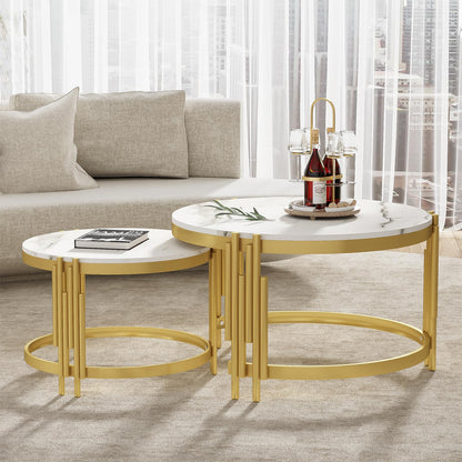 Peiaw Table Basse,Table de Salon,Table Basse Ronde,Lot de 2 Tables Basses de Salon Gigognes,Aspect marbre Blanc et Structure en Acier doré,Table de Salon 71,5 x 71,5 x 44 & 51,5 x 51,5 x 37 cm