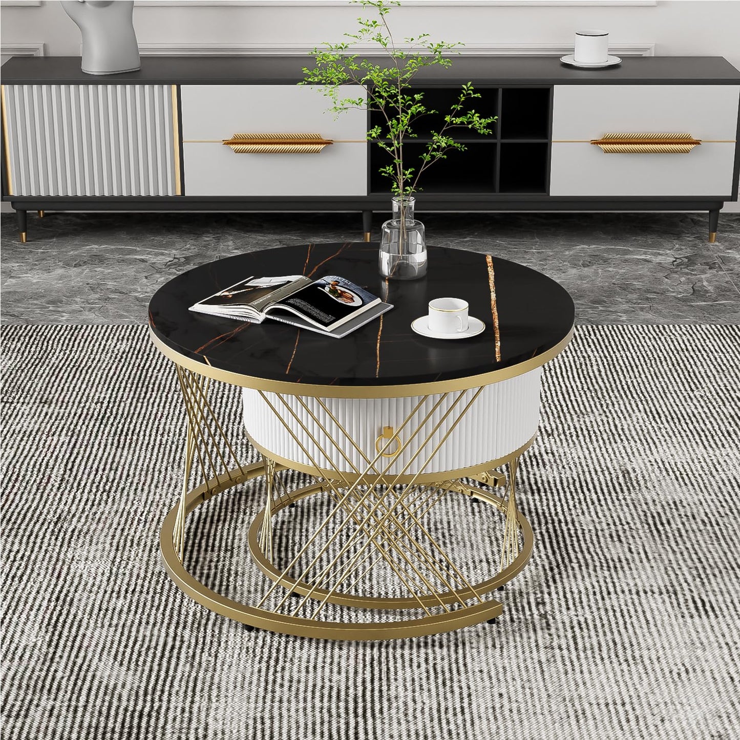 Table Basse,table basse ronde noir,Lot de 2 Tables Basses de Salon Gigognes avec tiroirs, table de salon moderne aspect marbre et structure en acier doré, table de salon 70x70x45cm et 50x50x40 cm
