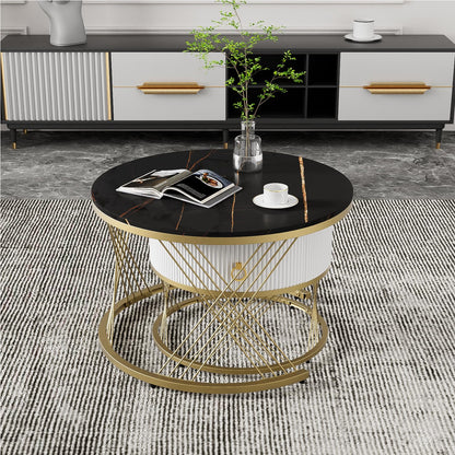 Table Basse,table basse ronde noir,Lot de 2 Tables Basses de Salon Gigognes avec tiroirs, table de salon moderne aspect marbre et structure en acier doré, table de salon 70x70x45cm et 50x50x40 cm