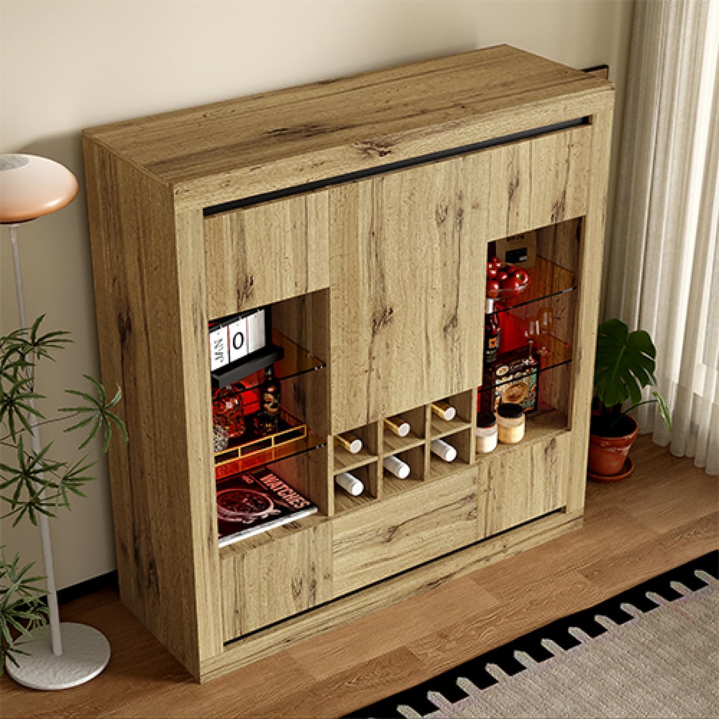 Peiaw Buffet,Buffet bahut Salon,Buffet Multifonctionnel,Meuble de Rangement,Buffet avec 5 Portes et casier à vin, étagère en Verre réglable, Buffet avec éclairage LED,110 x 38 x 115 cm