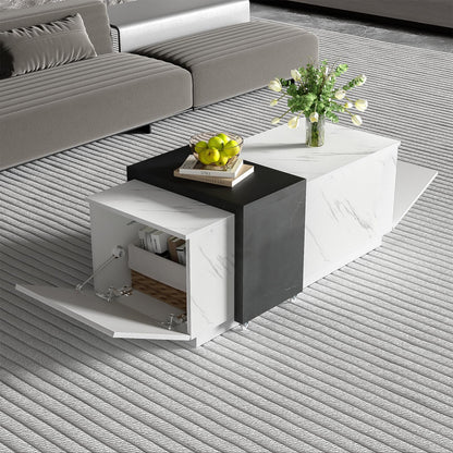 Table basse,Table de salon, aspect marbre blanc, table basse mobile en marbre noir, deux portes de placard, avec charnières amortissantes, avec espace de rangement, table basse de 110 x 50 x 40 cm