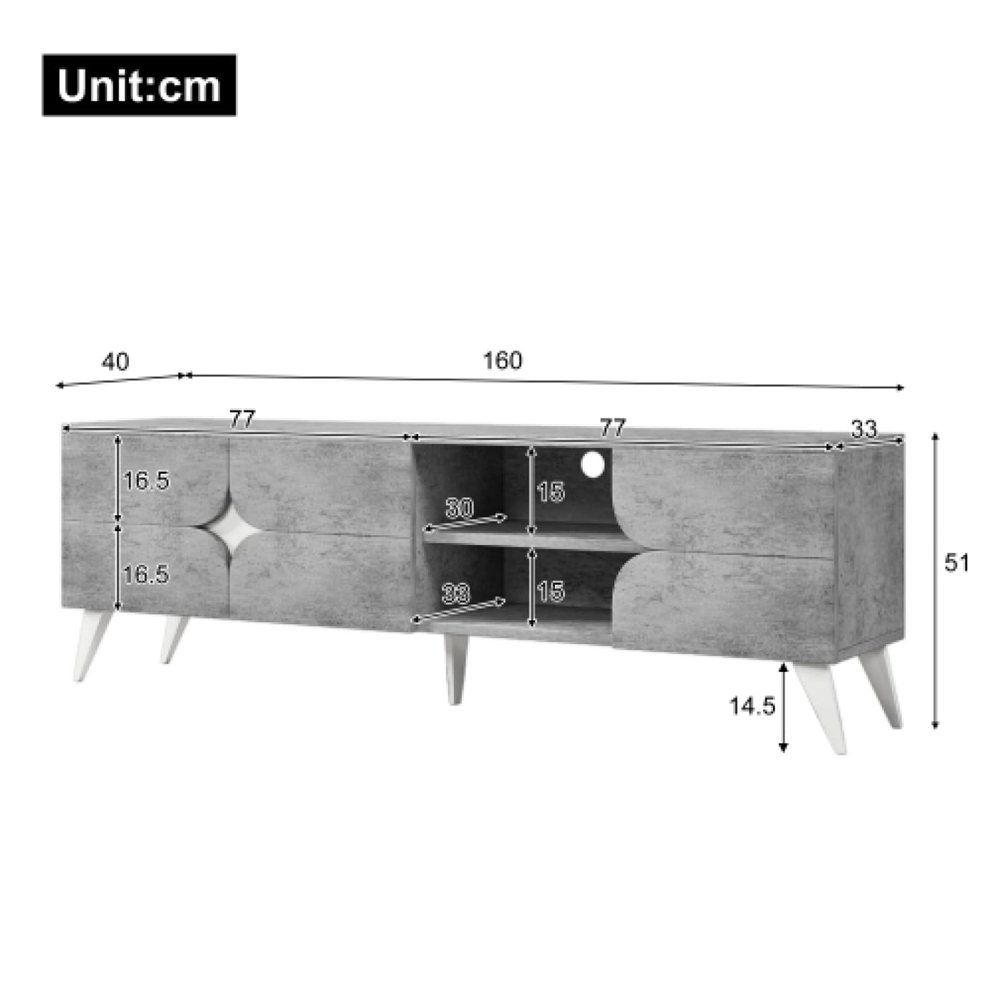 Meuble TV, Gris Ciment avec Meuble TV Blanc, Meuble TV à Compartiment Ouvert, Banc TV jusqu'à 50-59 Pouces, Meuble TV avec Portes d'armoire à Trois pétales, Taille du Meuble TV du Salon 160X40X51cm