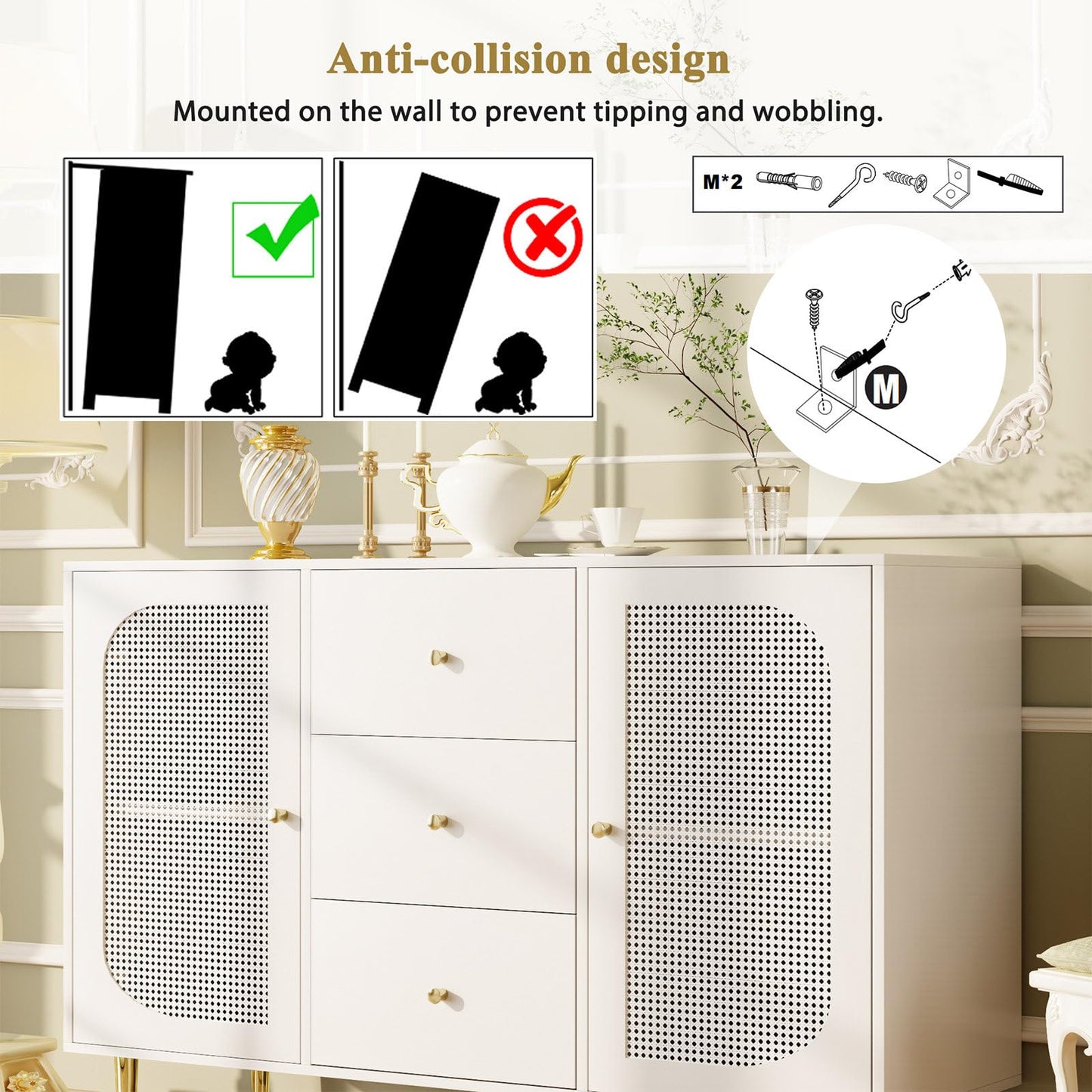 Sideboard, Kommode, Küchenschrank Rattan-Schranktür, Mehrzweckschrank mit 2 Türen und 3 Schubladen, Schubladenschrank Kippschutz, Aufbewahrungsschrank Kratzfeste Oberfläche, 120 x 90 x 40 cm (B/H/T)