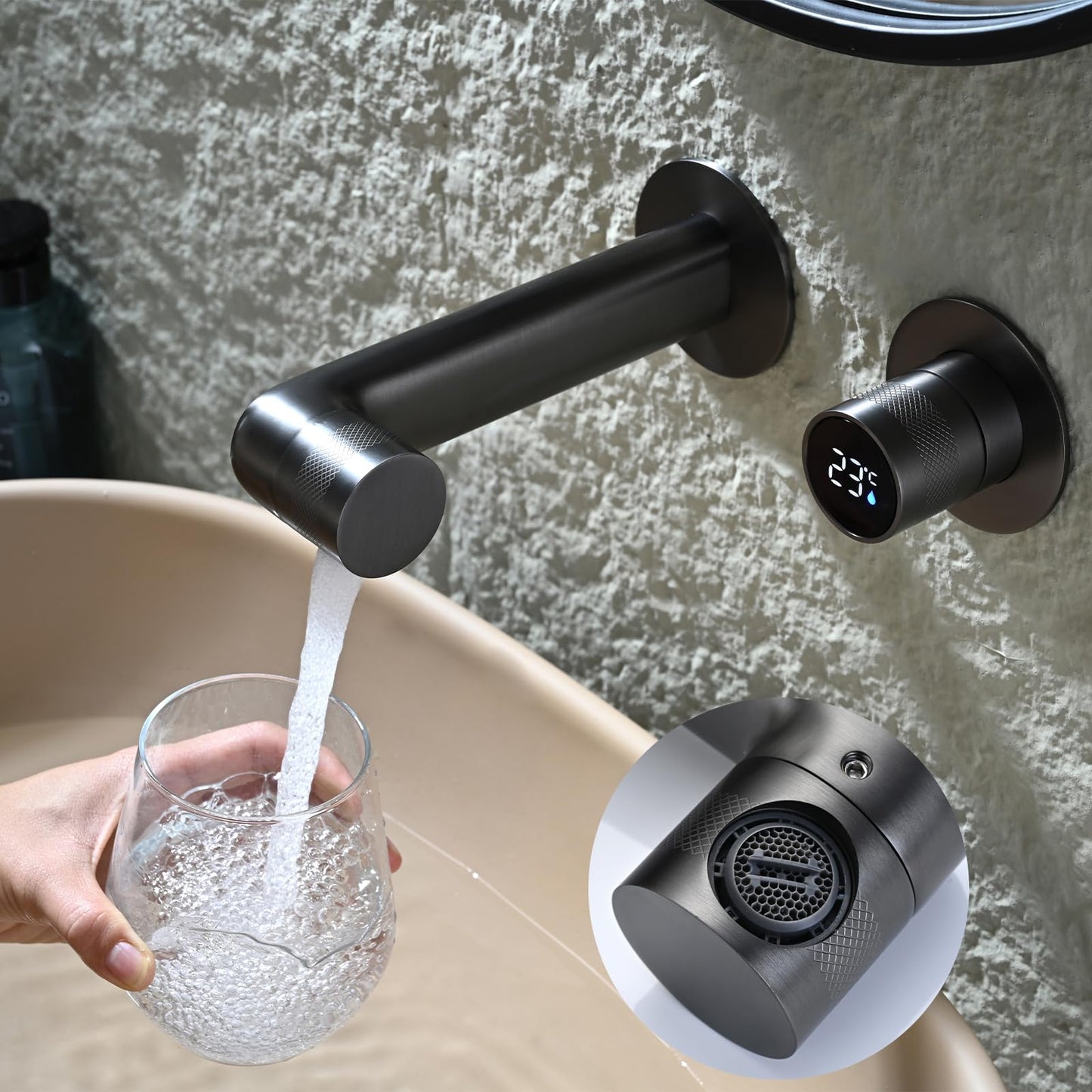 Robinet de Lavabo Rotation à 360°, Gris Pistolet Robinet de Salle de Bain avec Affichage Numérique LED Mitigeur Lavabo Monocommande Chaude et Froide Robinet Salle de Bain avec Boîtier Intégré