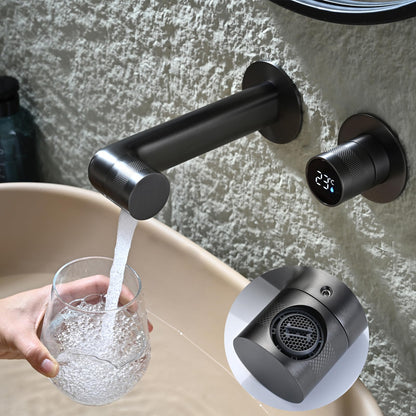 Robinet de Lavabo Rotation à 360°, Gris Pistolet Robinet de Salle de Bain avec Affichage Numérique LED Mitigeur Lavabo Monocommande Chaude et Froide Robinet Salle de Bain avec Boîtier Intégré