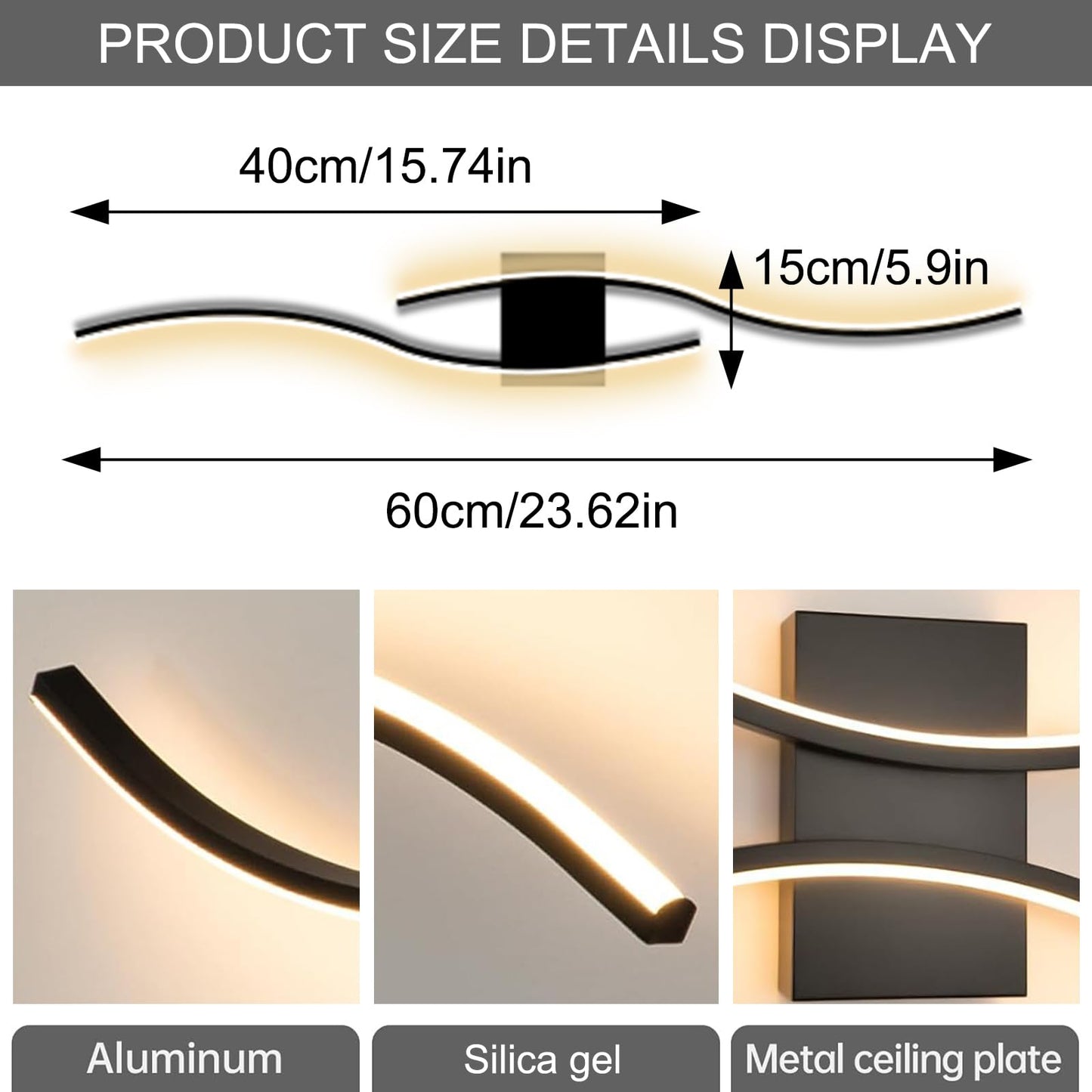 Applique Murale Interieur LED,18W Appliques Murales Interieur LED,3000K Blanc Chaud Lampe Murale Aluminium,60cm Moderne Noir Vague Design Lampe pour Salon Couloir Chambre Escalier Cuisine Hôtel