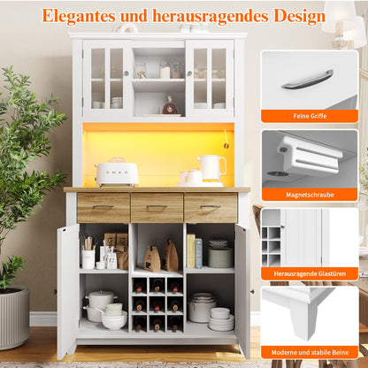 Armoire de Cuisine, Enfilade Buffet Haute, Vitrine avec Étagères Réglables et Casier à Vin, Buffet de Salon avec Éclairage LED, Beaucoup D'espace de Rangement, 106*40*179.5cm (Tiroirs Blanc/Bois)