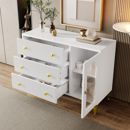 Buffet,Meuble de Cuisine Rangement, Blanc Commode, 105.5 x 40 x 78 cm,Buffet Salon avec 1 Portes Vitrées 3 Tiroirs,Convient aux Chambres, Bureaux, salles de Classe et balcons