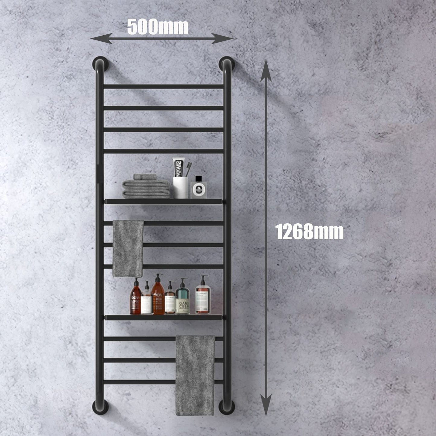 Sèche-Serviette Électrique Mural, 200W 1300 * 500mm Porte-Serviettes Chauffant avec 2 étagère, Chauffe-Serviettes Électrique avec Thermostat Minuterie, Radiateur de Salle de Bain, Noir