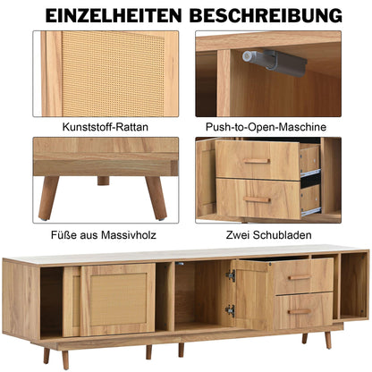 Meuble TV de Style Bohème en Rotin pour Téléviseurs de 80 Pouces, Meubles TV Bois, Banc TV Rustique avec 2 Casiers, 2 Tiroirs, 2 Étagères Ouvertes, Chambre Meuble Salon, 190x40x52 cm, Chêne Naturel