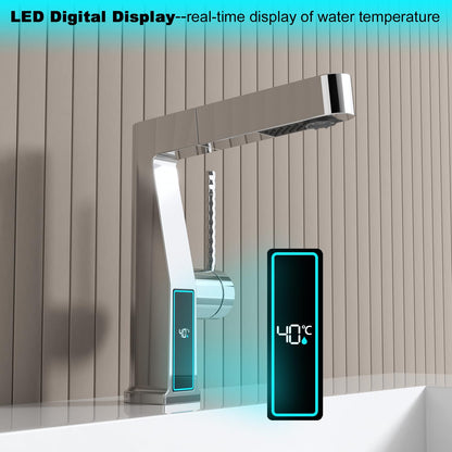 Robinet de Lavabo avec Douchette 3 Modes, Extractible Robinet de Salle de Bain avec Affichage Numérique LED Mitigeur Lavabo Monocommande Chaude et Froide Robinet Salle de Bain