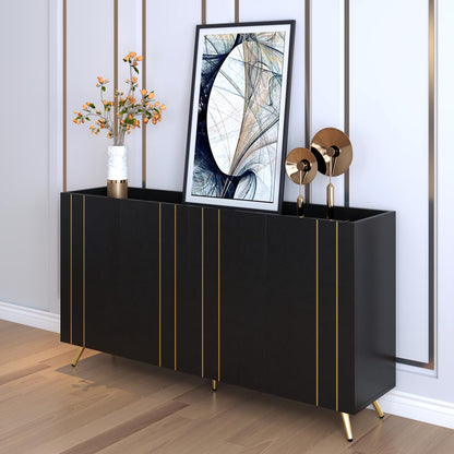 Buffet cuisine,Armoire multifonctionnelle,meuble de salon noir,Buffet moderne en bois,Buffet 4 portes,pieds dorés,bande de métal doré,Salon cuisine salle à manger meuble de rangement 160x38x80 cm
